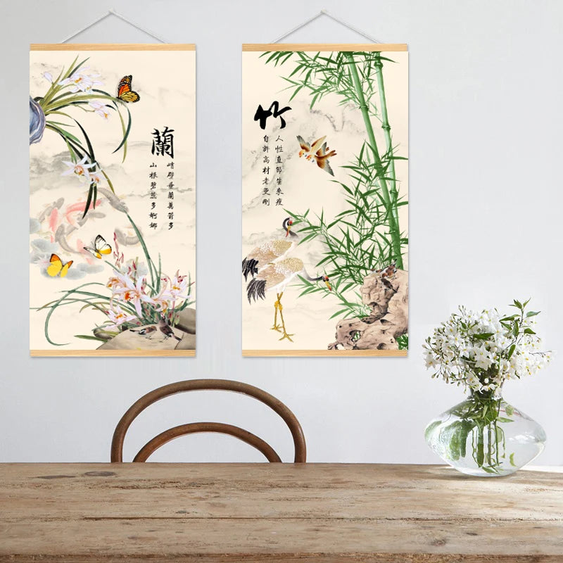 Printed Poster Nordic Canvas Wood Scroll Painting Chinese Flower Bamboo Orchid Wall Art for Gift Home Wall Hanging Room Decor