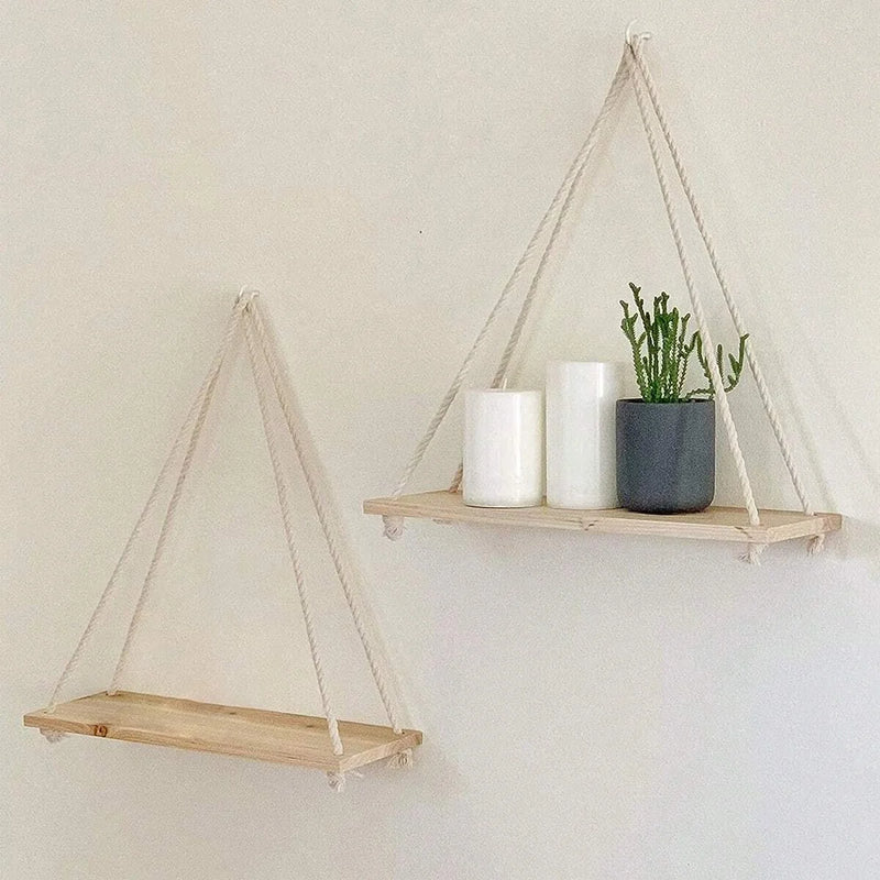 Wooden Hanging Rope Shelf – Minimalist Floating Wall Decor