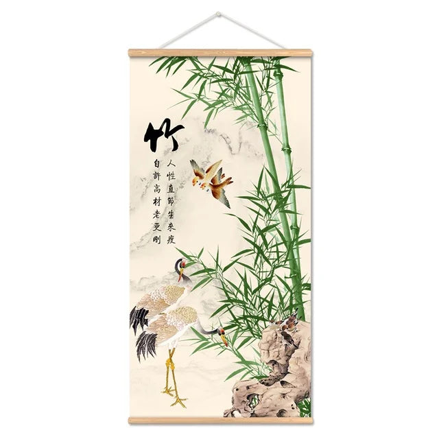 Printed Poster Nordic Canvas Wood Scroll Painting Chinese Flower Bamboo Orchid Wall Art for Gift Home Wall Hanging Room Decor