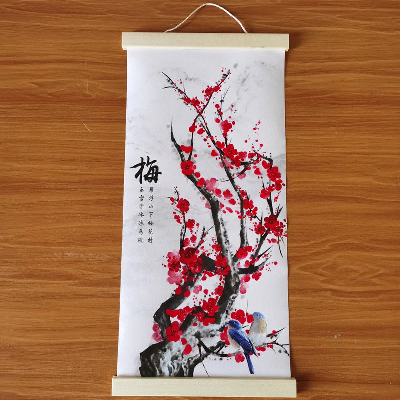 Printed Poster Nordic Canvas Wood Scroll Painting Chinese Flower Bamboo Orchid Wall Art for Gift Home Wall Hanging Room Decor