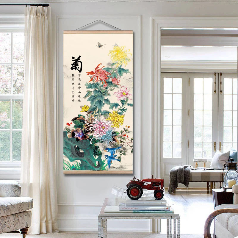 Printed Poster Nordic Canvas Wood Scroll Painting Chinese Flower Bamboo Orchid Wall Art for Gift Home Wall Hanging Room Decor