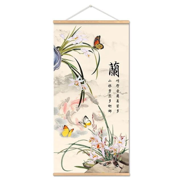 Printed Poster Nordic Canvas Wood Scroll Painting Chinese Flower Bamboo Orchid Wall Art for Gift Home Wall Hanging Room Decor