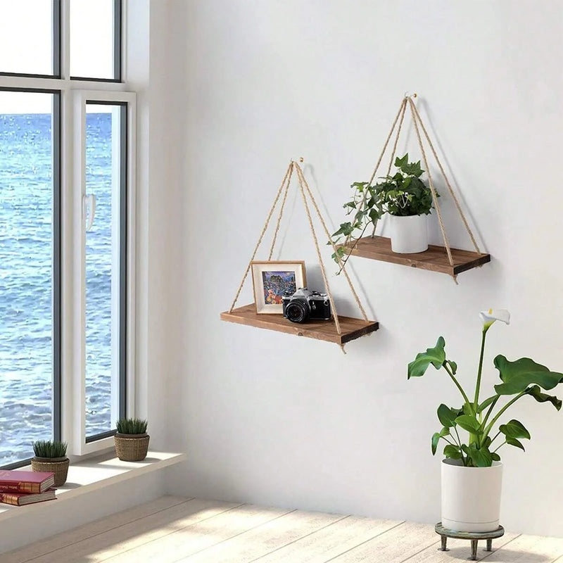 Wooden Hanging Rope Shelf – Minimalist Floating Wall Decor