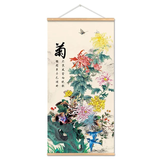 Printed Poster Nordic Canvas Wood Scroll Painting Chinese Flower Bamboo Orchid Wall Art for Gift Home Wall Hanging Room Decor