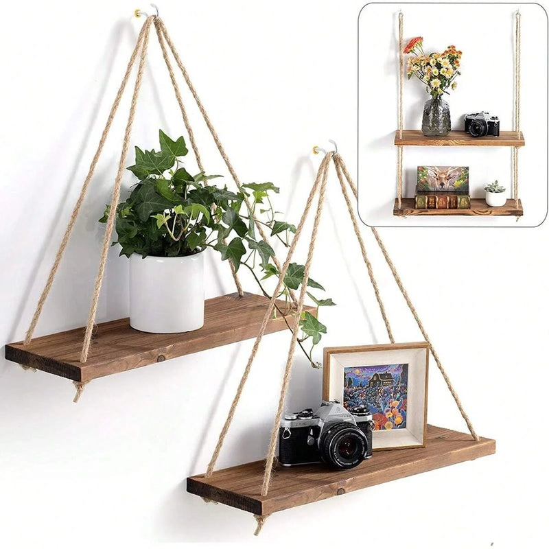 Wooden Hanging Rope Shelf – Minimalist Floating Wall Decor