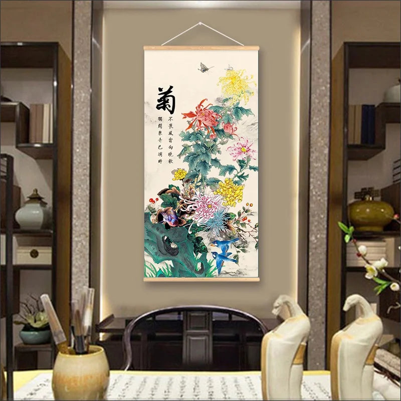 Printed Poster Nordic Canvas Wood Scroll Painting Chinese Flower Bamboo Orchid Wall Art for Gift Home Wall Hanging Room Decor