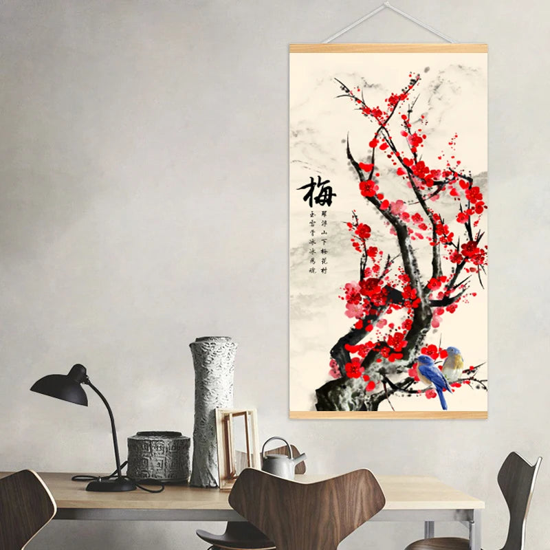 Printed Poster Nordic Canvas Wood Scroll Painting Chinese Flower Bamboo Orchid Wall Art for Gift Home Wall Hanging Room Decor