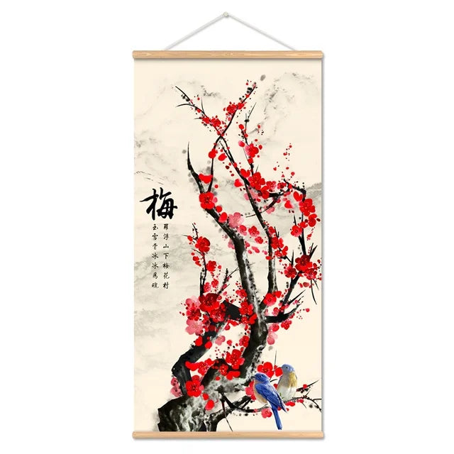 Printed Poster Nordic Canvas Wood Scroll Painting Chinese Flower Bamboo Orchid Wall Art for Gift Home Wall Hanging Room Decor